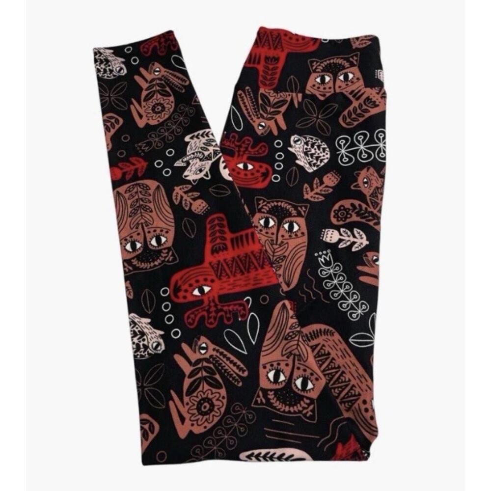 LuLaRoe Leggings OS 2-10 HTF BLACK RED Rabbit OWL MOOSE Tribal Forest Halloween